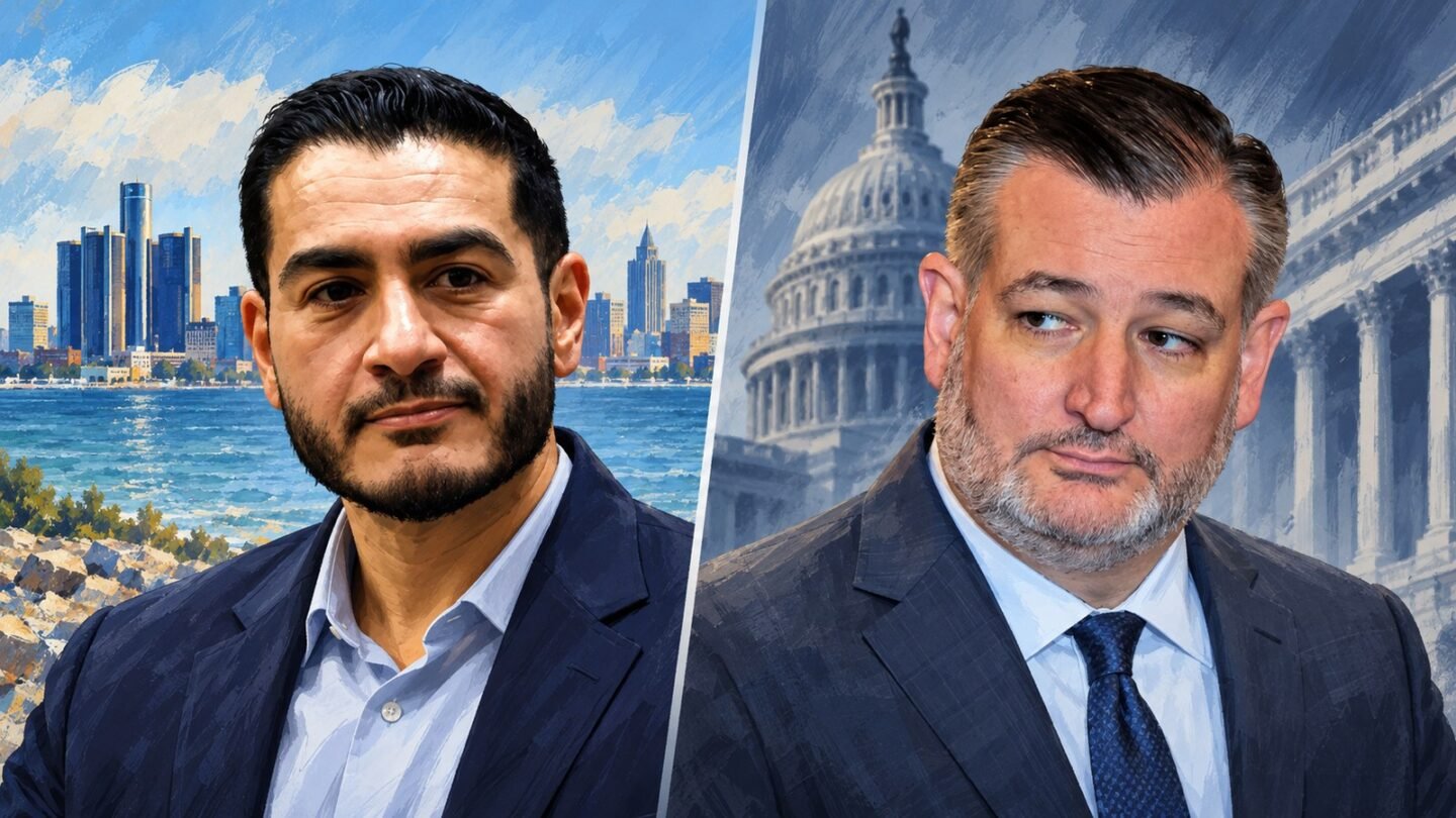 AI-assisted editorial illustration of Abdul El-Sayed and Ted Cruz representing the disputed Ted Cruz warning about national security.