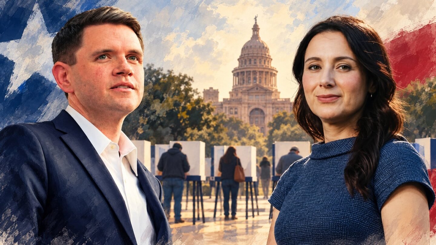AI-assisted editorial illustration representing Texas early voting, with candidate portraits, the state Capitol and polling booths