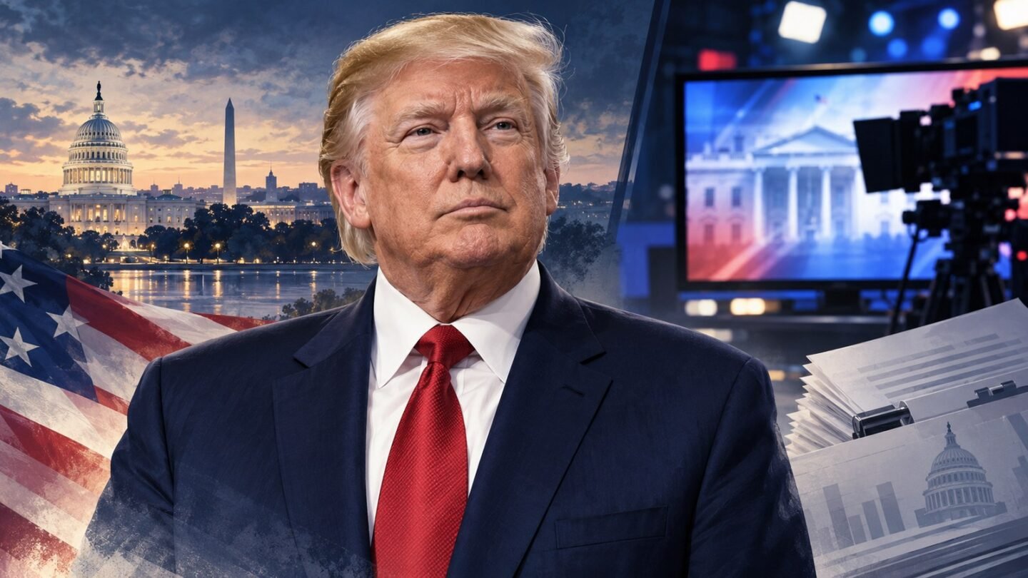 Donald Trump in an editorial illustration about taxpayer-funded television ads and spending oversight before Midterm Elections 2026.