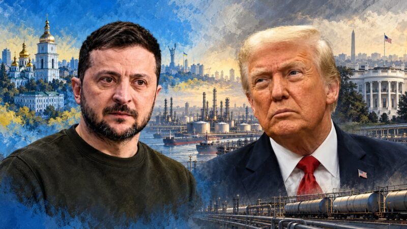 AI-assisted editorial illustration of Trump and Zelenskyy in separate portraits with fuel infrastructure between them.