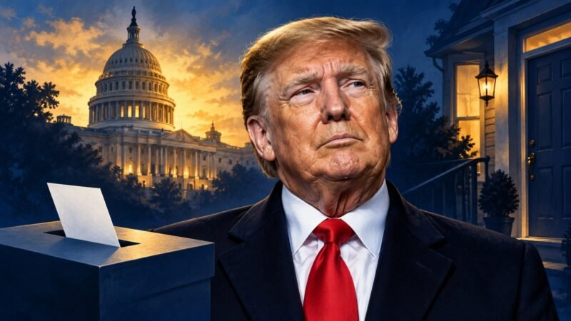 AI-assisted editorial illustration of Donald Trump, the Capitol and a ballot box accompanying a Trump approval poll report.