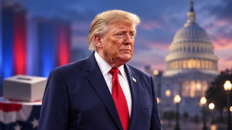 AI-assisted editorial illustration of Donald Trump near the Capitol for a Trump approval rating fact check.