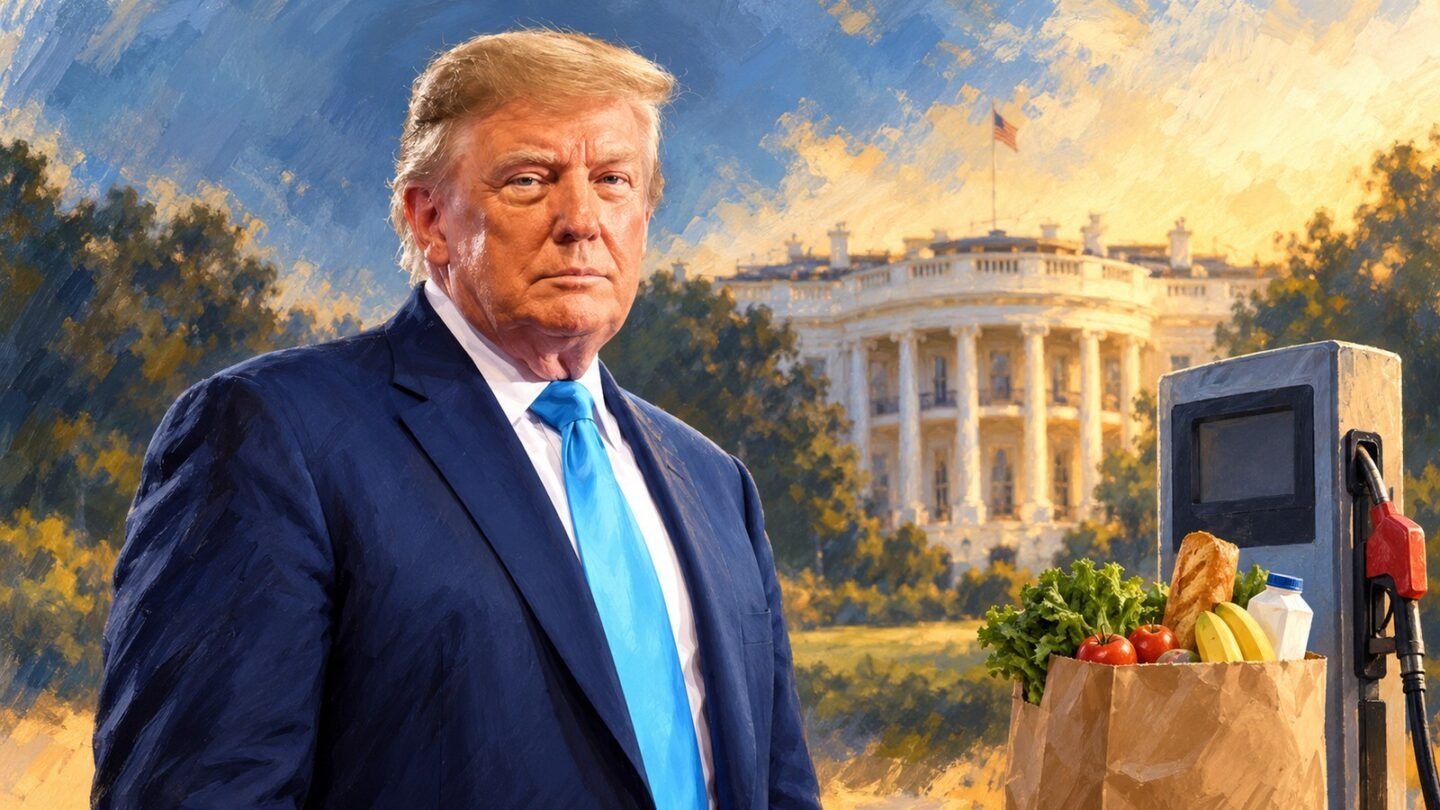 AI-assisted editorial illustration of Donald Trump, the White House, groceries and a gas pump accompanying Trump approval reporting.