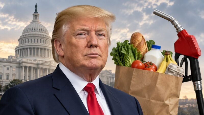 Donald Trump with grocery and fuel symbols in an editorial illustration about affordability and Midterm Elections 2026.