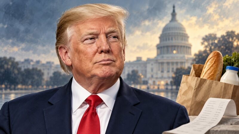 Donald Trump with grocery-cost imagery in an editorial illustration about economic approval before Midterm Elections 2026.