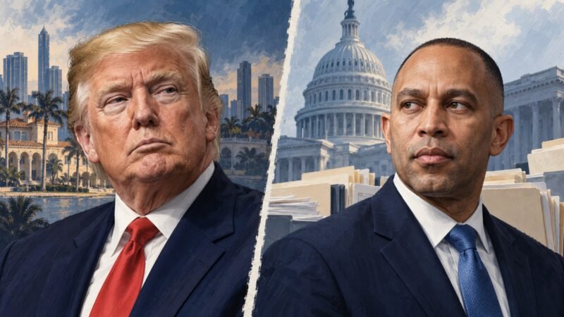 Donald Trump and Hakeem Jeffries illustrated separately for Trump family oversight coverage ahead of Midterm Elections 2026.