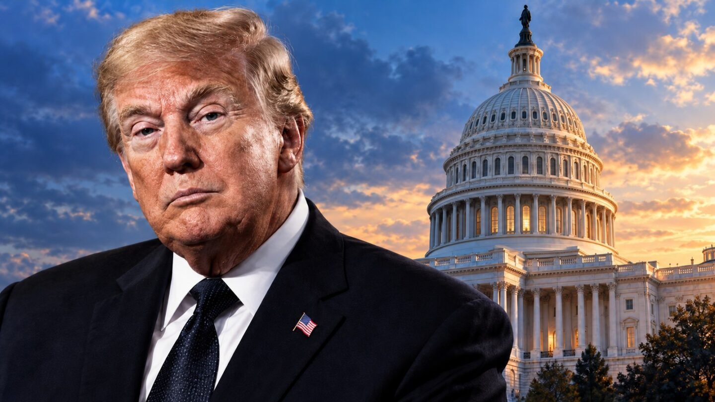 Trump impeachment editorial illustration showing Donald Trump with the U.S. Capitol in a separate background layer.