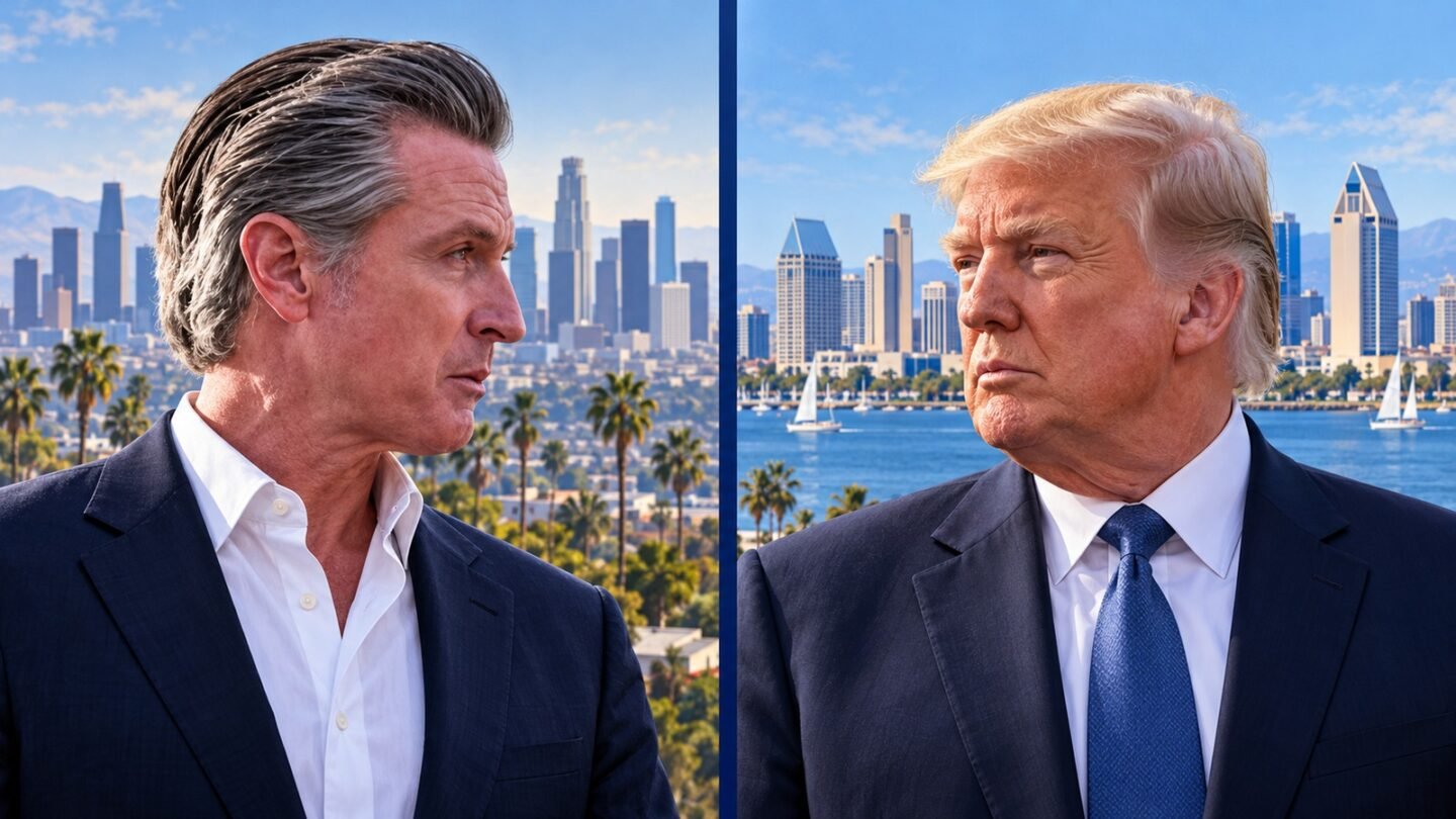 Trump Iran remarks editorial illustration showing Gavin Newsom and Donald Trump in separate panels with California skylines.