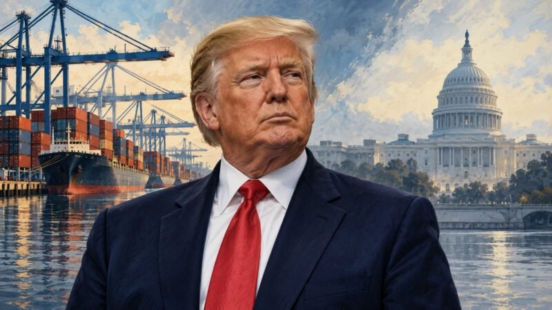 Donald Trump illustrated with shipping containers and the Capitol for New Jersey tariffs debate coverage ahead of Midterm Elections 2026.
