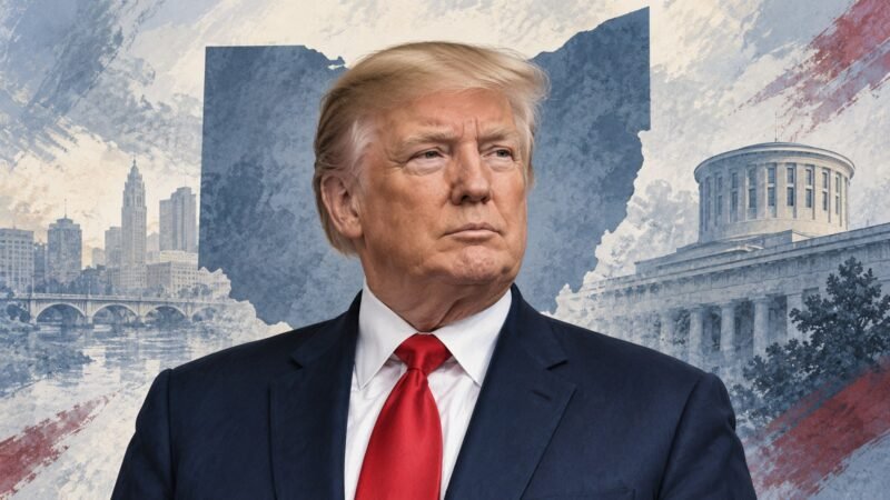 Donald Trump in an editorial illustration about Ohio cooperation and Midterm Elections 2026.