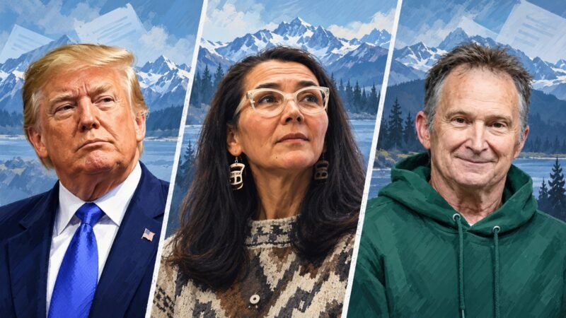 AI-assisted editorial illustration of Trump, Mary Peltola and Daniel J. Sullivan Jr. in the Alaska ballot dispute.