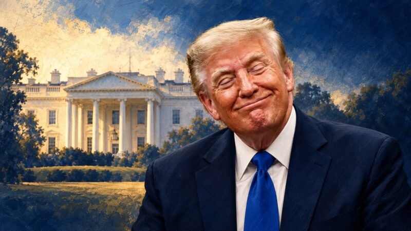 AI-assisted editorial illustration of Donald Trump and the White House for a Trump presidential ranking fact check.