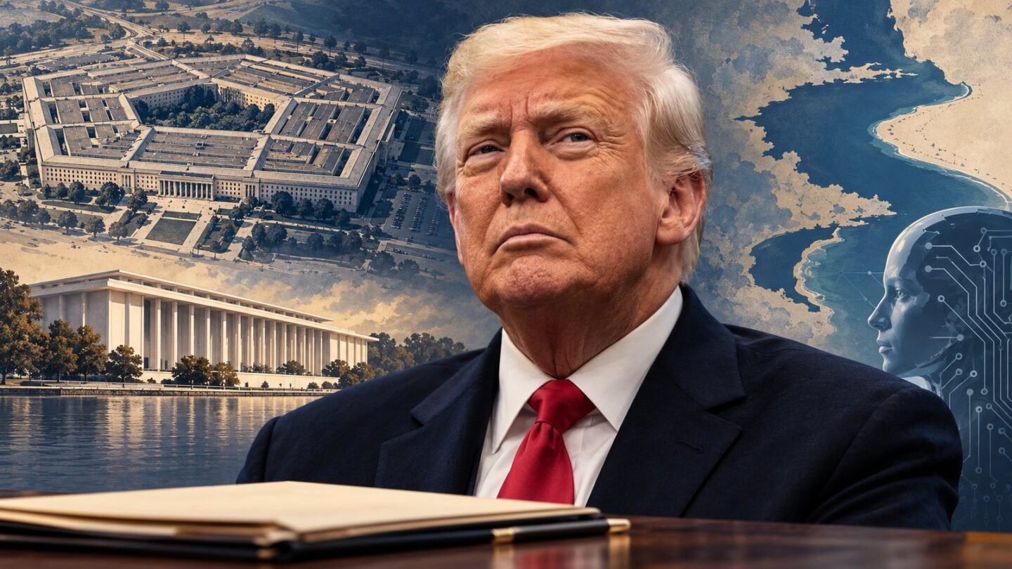 AI-assisted editorial illustration of Donald Trump, the Pentagon and Kennedy Center representing Trump renaming efforts.