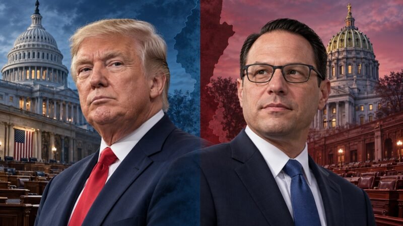 Donald Trump and Josh Shapiro in an editorial illustration about state government power in Midterm Elections 2026