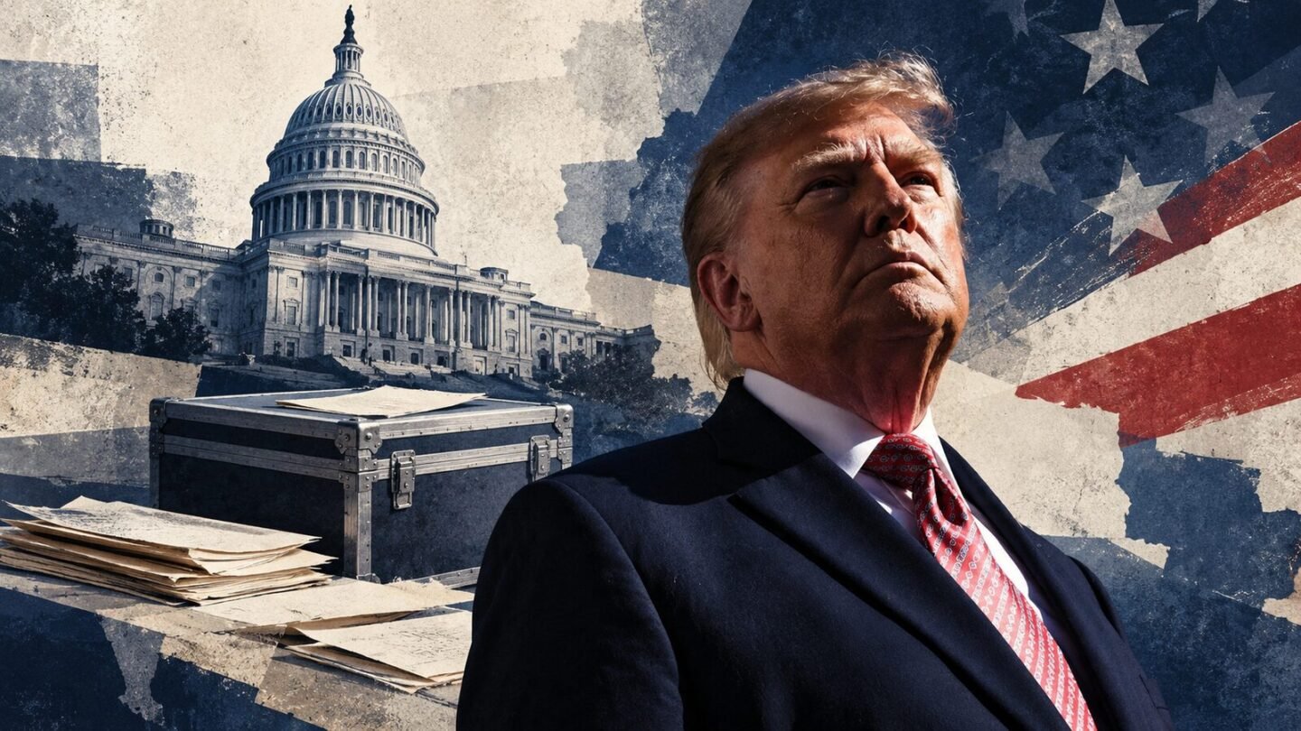 AI-assisted editorial illustration of Donald Trump, the Capitol and secured document storage representing state election preparations.