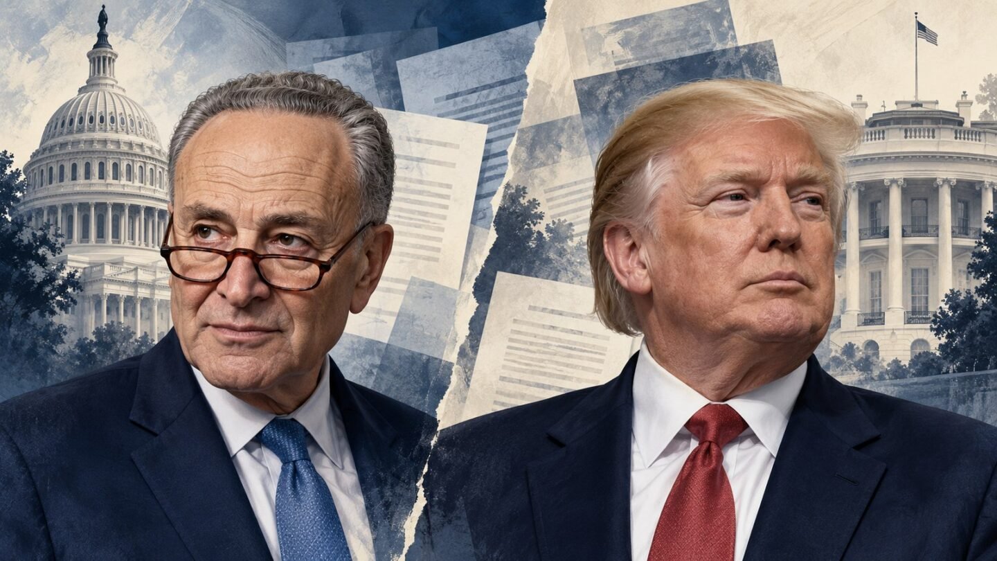 Donald Trump and Chuck Schumer in a separated editorial illustration about presidential coverage in a stock-trading bill and Midterm Elections 2026.