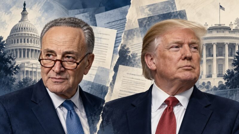 Donald Trump and Chuck Schumer in a separated editorial illustration about presidential coverage in a stock-trading bill and Midterm Elections 2026.