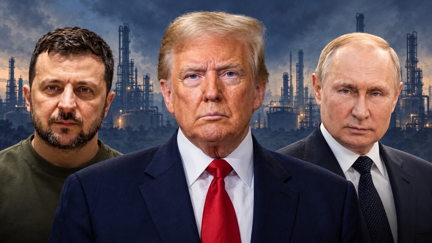 Editorial illustration about Trump Ukraine policy showing Zelenskyy, Trump and Putin against an oil-refinery background.