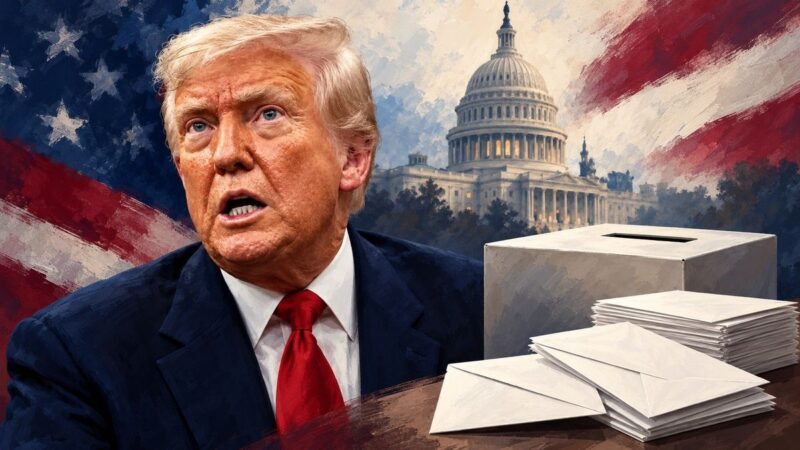 AI-assisted editorial illustration about Trump voting policies, showing Donald Trump beside ballot envelopes, a ballot box and the Capitol.