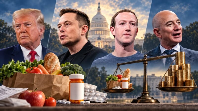 AI-assisted editorial illustration of Trump, Musk, Zuckerberg and Bezos with groceries and medication, representing US wealth inequality.