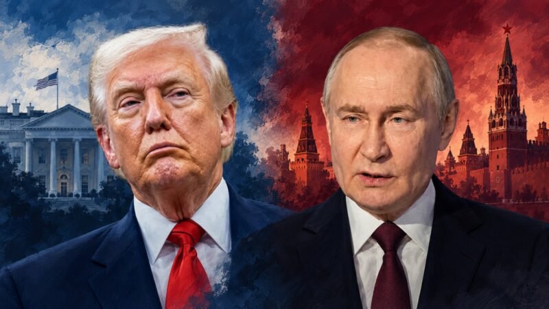 AI-assisted editorial illustration of Trump and Putin in separate portraits, representing the Putin humanitarian controversy.